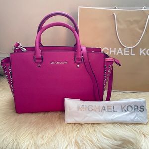 NWT MICHAEL Michael Kors Selma Grommet Satchel Fuchsia